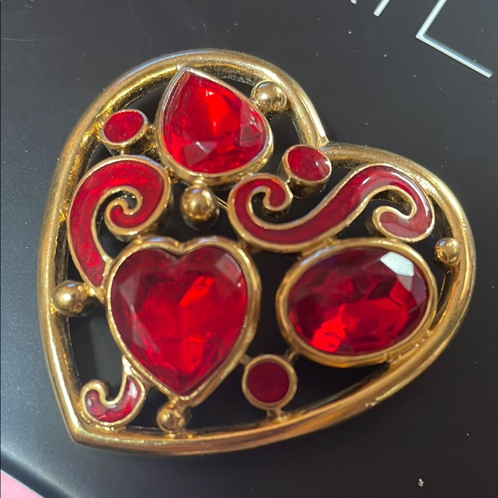 Trifari Gold-Tone Heart Brooch with Red Glass Gems 2”